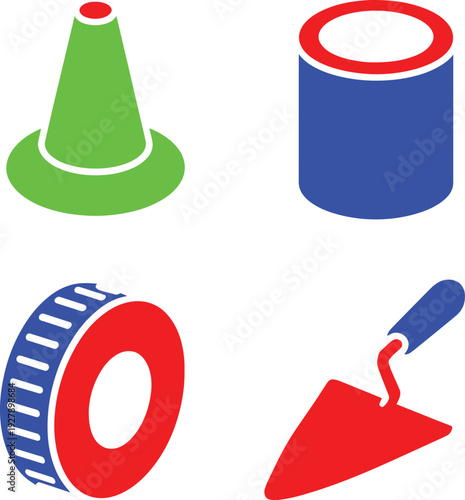 Set of four isometric icons representing construction and industrial tools