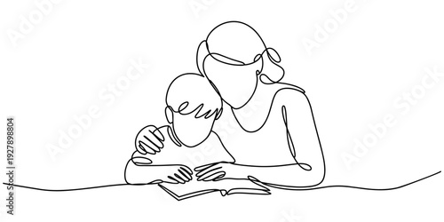 Continuous line drawing of a family reading a book together. One line art showing parents and children sitting closely, symbolizing love, learning, and togetherness.