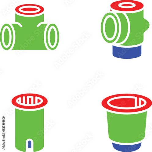 Set of four isometric pipe connectors and filter components on transparent background