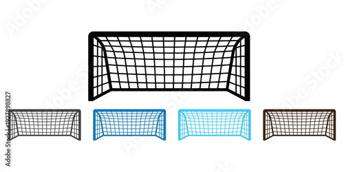 Set of empty soccer goals on white background for sports training and games