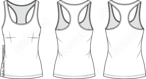Technical flat sketch of women's racerback tank top, peplum vest, pleated maxi skirts, tiered ruffled skirt, cad drawing flat vector illustration.