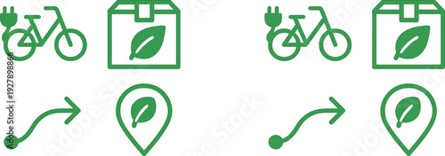 Symbols representing eco-friendly delivery methods are displayed, showing an electric bike, green package, navigation arrow, and location marker.
