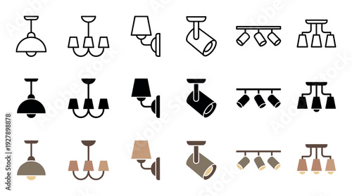 Various lighting fixture icons presented in three distinct styles, including outline, solid, and colored versions, showcasing different ceiling and wall-mounted lights
