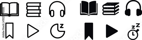 Various icons highlight themes of education and leisure, including books, headphones, a play button, and a sleep symbol, suggesting a harmonious balance of learning and relaxing.