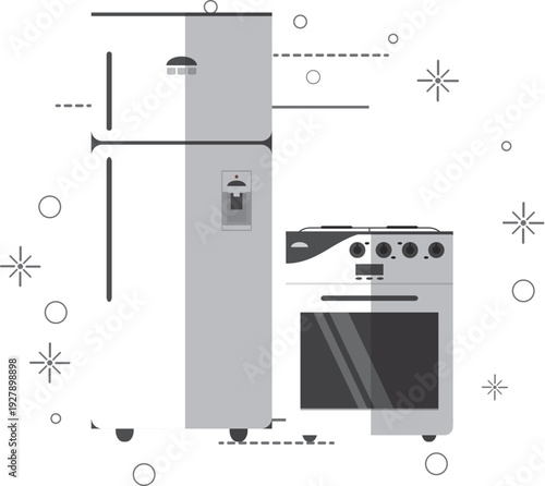 Clean minimalist vector illustration of a modern refrigerator and kitchen stove with simple line art and geometric decorative elements.