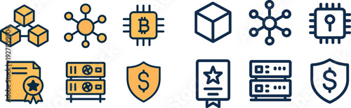 The visual displays a collection of six icons illustrating key aspects of blockchain technology, cryptocurrency, and network security.