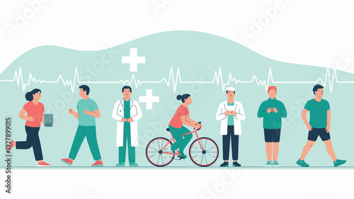 Diverse group of people in medical and casual attire walking and interacting with a cyclist in a green landscape with a hospital heartbeat background