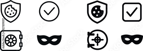 Four distinct icons display themes of security, approval, safety, and mystery. The designs are minimalistic, using bold lines, suitable for modern digital interfaces or software applications.