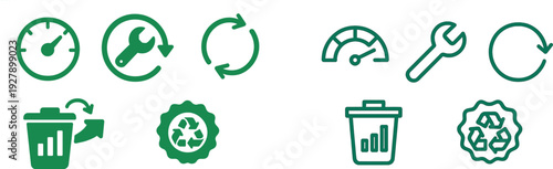 Set of green icons depicting a gauge, wrench, recycling symbols, trash can, and an eco-friendly seal. The icons illustrate concepts of sustainability and responsible waste management.