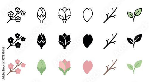Various botanical plant and flower icon collection showcasing different stages of growth and styles, including blossoms, buds, petals, branches, and leaves in outline, solid, and flat designs