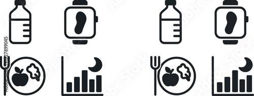 Various health-related items on a table include a water bottle, a smartwatch, a plate with an apple and lettuce, and a graph illustrating dietary progress at night.