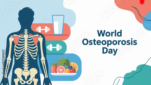 World osteoporosis day awareness illustration with human skeleton and healthy lifestyle icons