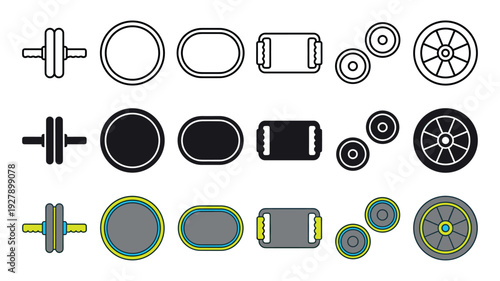 Various fitness exercise equipment icons are displayed in a clean, modern vector illustration, showcasing ab rollers, weight plates, and push-up bars in outline, solid, and colored graphic styles