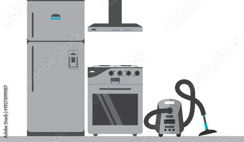 Professional vector illustration of a grey refrigerator, kitchen stove, extractor hood, and vacuum cleaner set against a clean white background.