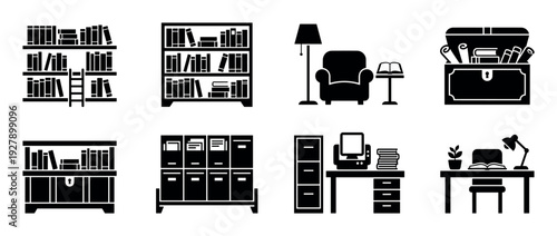 Eight black silhouette library and study room icons depict various elements like bookshelves, an armchair, a desk, and a filing cabinet, presented in a clean, minimalist style