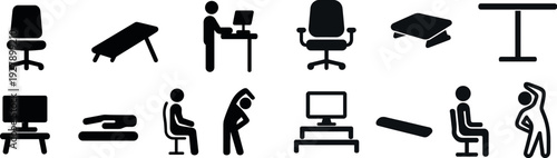 Silhouettes of office furniture and activities showcase ergonomic seating, standing desks, and stretching exercises important for workplace health and efficiency.