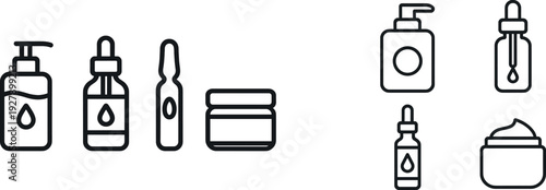 Four distinct skincare products are displayed, including a pump bottle, dropper bottle, ampoule, and cream jar, showcasing various options for enhancing beauty.