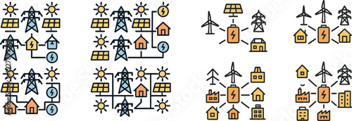 Colorful graphic depicts solar panels and power lines connecting to various homes. This creative design highlights renewable energy concepts, emphasizing sustainability and innovation in technology.