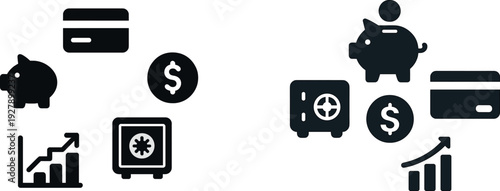 Various financial symbols are displayed including a piggy bank, credit card, dollar sign, growing graph, and safe. These elements represent savings, investment, and money management.