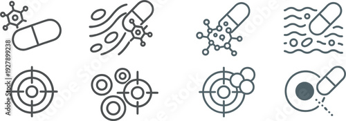 Graphic representations showcase various elements of pharmaceuticals and their interactions, highlighting capsules, molecular structures, and target symbols. The designs reflect a focus on healthcare.
