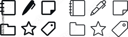 Six black and white icons showcase essential stationery items including a notebook, pen, sticky note, folder, star, and price tag, emphasizing a modern, minimalist design.