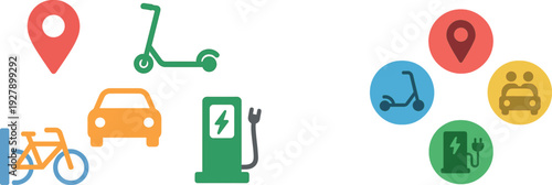 Colorful icons depict different urban transportation options including electric scooters, bicycles, and cars, alongside locations and fueling stations, representing modern mobility choices.