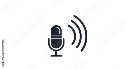 Simple black microphone icon with sound waves on white background.