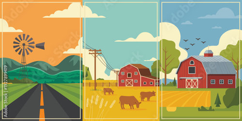 Retro farm triptych, stylized American countryside illustration series with flat design barns and wheat fields