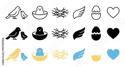 Collection of bird and nest themed icons in various styles, including outline, solid black, and colorful designs, depicting family, new life, and love