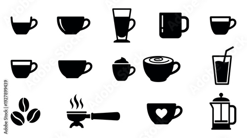 Set of black coffee and drink icons showing various cups, mugs, beans, and brewing equipment in a simple minimalist graphic style for cafe and beverage concepts