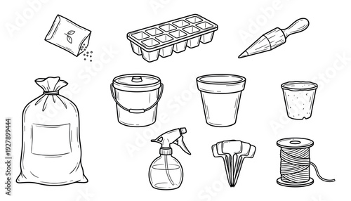 Various gardening tools and supplies are neatly arranged, depicted in a charming hand-drawn outline style with clear black lines, illustrating essential items for planting and cultivation