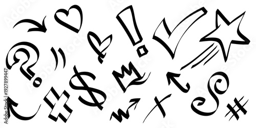 Hand drawn set of doodle emphasis design elements. heart, Crown, arrow, star, swishes, exclamation, hashtag. used for infographic concept design