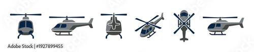 Set of gray and blue helicopter icons shown from various angles including front, side, top, and isometric views in a clean, flat design for aviation and transport concepts