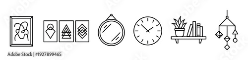 Collection of minimalist line art home decor icons, featuring framed art, a round mirror, a wall clock, a shelf with a plant and books, and a hanging mobile, rendered in a clean, modern outline style