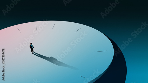 Fotografie Conceptual composition businessman standing on giant clock platform