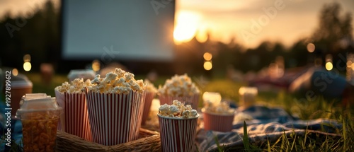 The Popcorn Buckets at an Outdoor Sunset Movie Night with Blankets