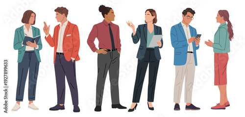 Set of diverse business professionals standing, talking, comunicating, taking part in informal casual meeting, interacting with notebook, tablet, smartphone. Modern flat vector illustrations isolated