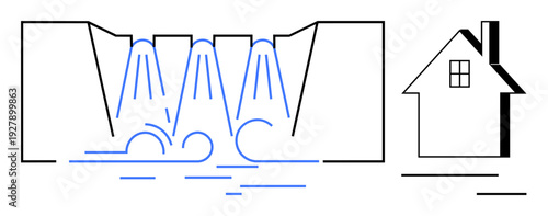 Energy production, renewable resources, sustainable living, hydroelectric power, eco-friendly energy, water management. Hydroelectric dam releasing water beside a house. Hydroelectric power