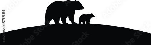 Bear family silhouettes walking on hill, wildlife nature scene, mother and cubs illustration, black isolated vector design for fauna themes