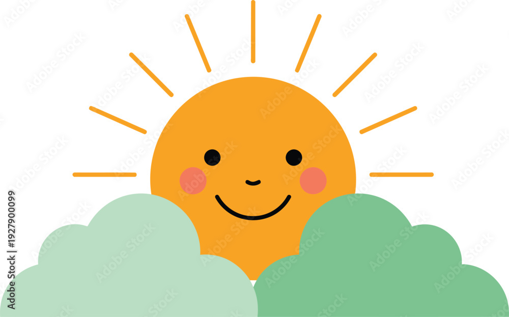 Fototapeta premium Cute Smiling Sun with Clouds Flat Weather Icon Illustration