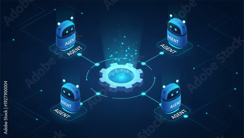 Four blue robots connected to a glowing gear on dark blue background with lines