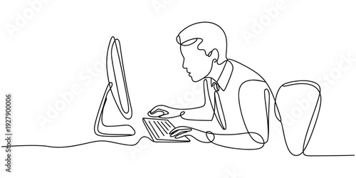 continuous line drawing of office worker concentrated behind computer