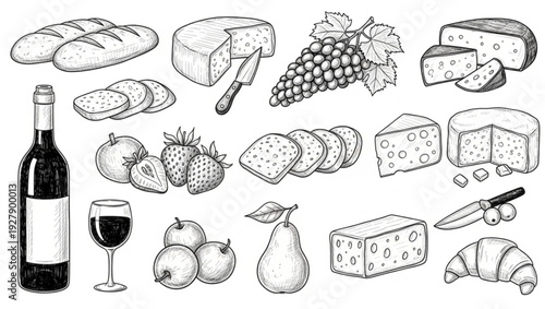 Hand drawn food and drink items including wine cheese bread fruit  a collection