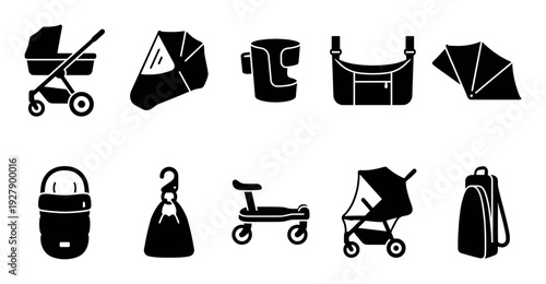 Various black silhouette icons representing baby care items including strollers, a car seat, bags, and a scooter, presented in a clean, modern graphic style