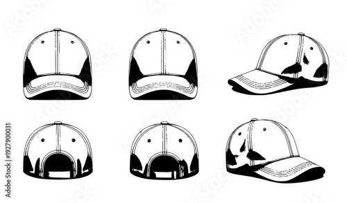 White baseball cap mockup set different angles front side back view isolated on white background vector illustration