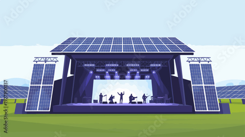 Sustainable outdoor music festival stage with solar panels green field and blue sky background