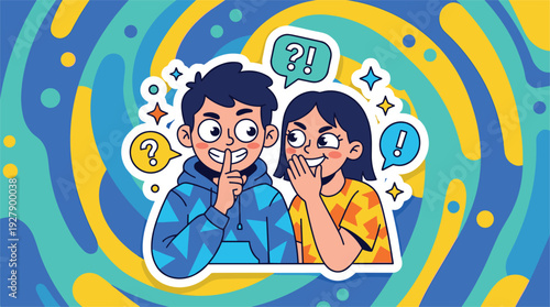 Siblings Boy Girl Whispering Secret. Childhood Communication. Modern Cartoon Flat Design Vibrant Blue Yellow. Vector Illustration.