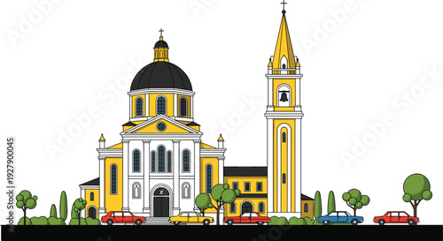 Yellow and white Italian style church illustration featuring a black dome bell tower classic vintage cars and green trees on a white background