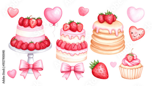 Cute strawberry desserts illustration set with pancakes cake parfait and pastry kawaii sweets