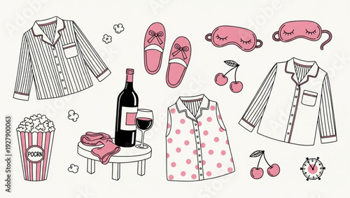 Movie night in with sleepwear wine and snacks on table